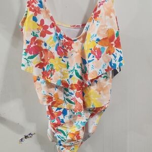 Ellen Tracy One Piece Floral Ruffle Swimsuit Size 10 New!